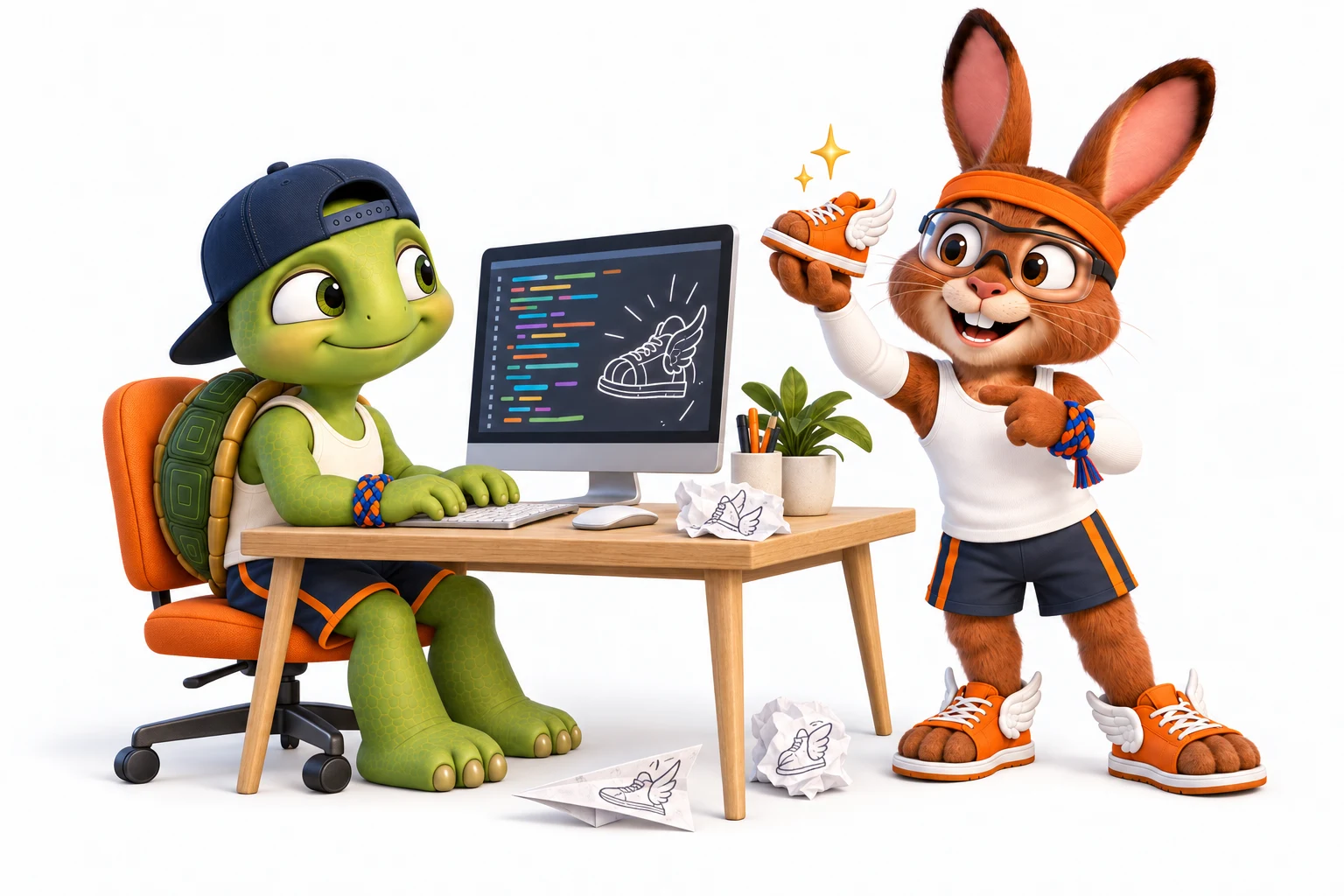 Siggi und Harry beim Vibe-Coden: Siggi tippt am Computer, Harry präsentiert begeistert einen Schuh mit Flügeln.